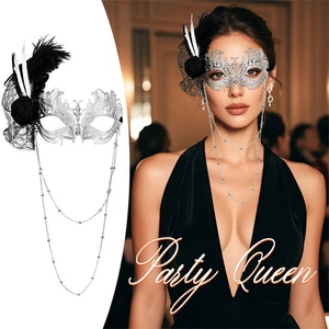Halloween Women Masquerade Mask with Long Chain Feather Venetian Masquerade Mask - Picture 1 of 20