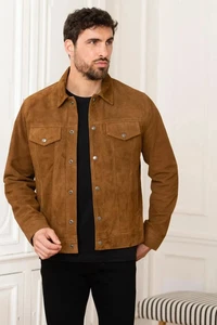 Chaqueta de camionero de cuero marrón para hombre gamuza pura hecha a medida talla S M L XXL 3XL - Imagen 1 de 9