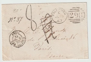 1867 CORNWALL - FALMOUTH DUPLEX PMK ON STAMPLESS COVER TO PARIS FRANCE & TPO - Picture 1 of 2
