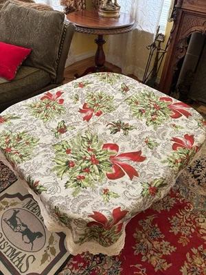 April Cornell Christmas Holiday Linen Floral Tablecloth 54" Square Crochet Edge - Image 1 of 4