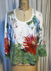 Womens Bold Floral Print /rhinestones Knit 3/4 Sleeve Top S L Pre-owned - Picture 1 of 6