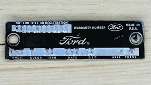 OEM 1969 Ford Mustang Warranty Body ID Number Plate Data Door Tag 65A Code - Bild 1 von 3