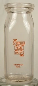 STREBLOW FARM DAIRY OSHKOSH WISCONSIN HALF PINT MILK BOTTLE - Picture 1 of 4