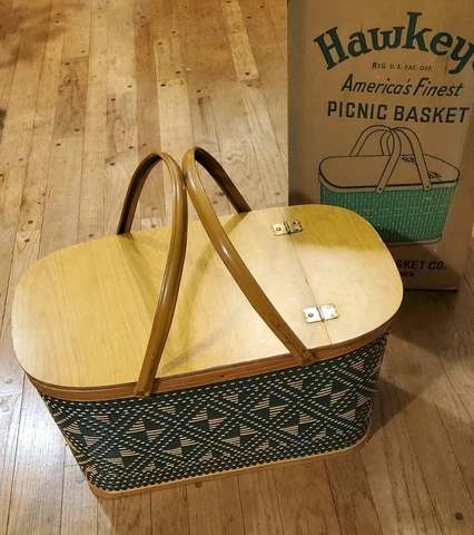 Vintage 1960s HAWKEYE Woven Diamond Pattern Wood Picnic Basket VG++ PICKUP ONLY Cover