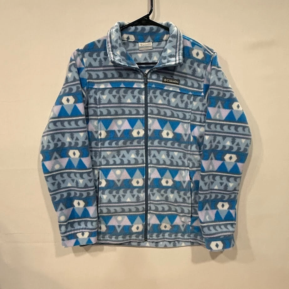 Chaqueta polar Columbia Sportswear para mujer L azul patrón geométrico cremallera completa cálida Foto 1 de 4