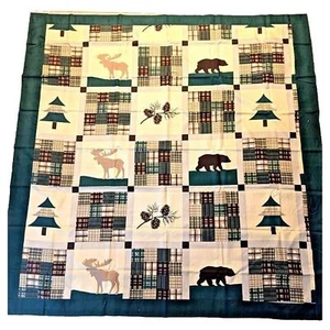 Moose Lodge Cabin Shower Curtain Bear Pinecone Pine Trees Green Tan Plaid NEW - Picture 1 of 5
