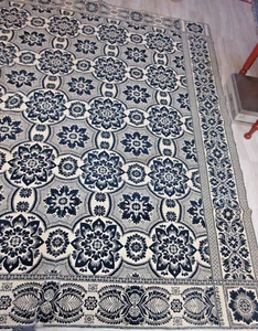 ANTIQUE VICTORIAN BLUE AND WHITE DOUBLE SIDED JACQUARD COVERLET 1840 - Picture 1 of 18