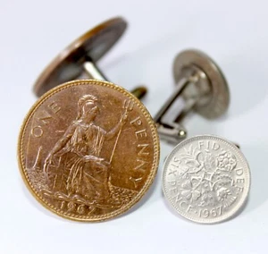 Two Pairs of Cufflinks made from 1967 Sixpences and One Penny Coins - Picture 1 of 7
