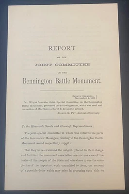 JOINT COMMITTEE ON THE THE BENNINGTON-BATTLE MONUMENT. by Alland G. Fay 1886 Foto 1 de 4