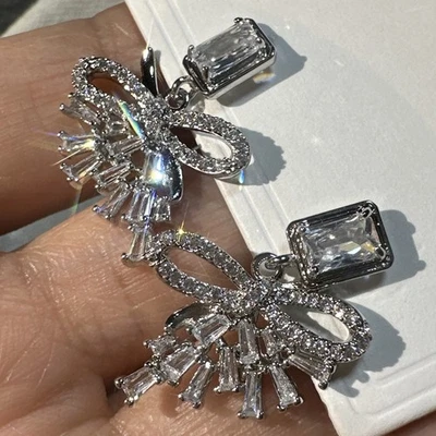 Cz Crystal Stud Earrings with Bow Pendant 925 Silver Platinum Plated Bridal  - Image 1 of 4