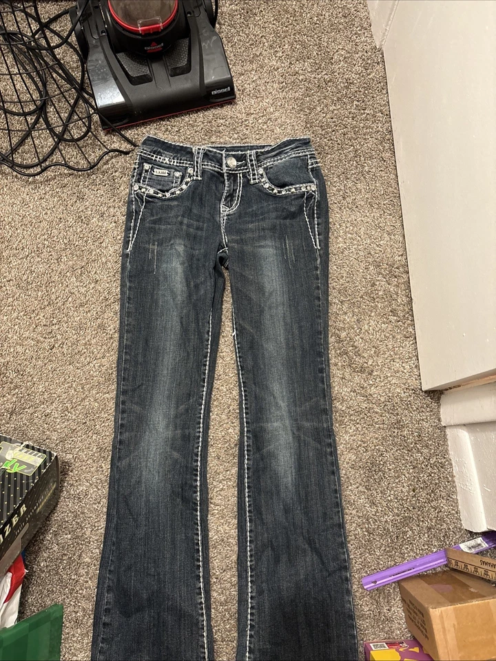 Pantalones de mezclilla LA Idol EE. UU. azules adornados elásticos costuras gruesas para mujer talla 5 Foto 1 de 4