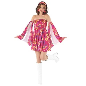 Women`s Pink Hippie Costume 60s 70s Ladies Gogo Girl Hippy Mini Dress S - XXL - Picture 1 of 6
