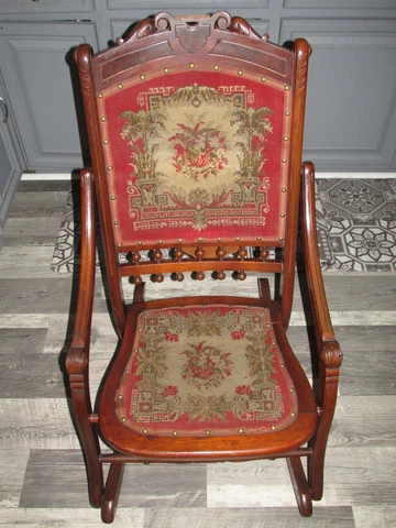 Antique Victorian Style FOLDING WOODEN ROCKING CHAIR Tapestry Rocker Arm Rests Cover