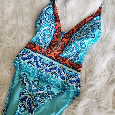 LA BLANCA Plunge One-Piece Swimsuit Sz 6 Blue Strappy Floral Boho Paisley - image 1 of 4