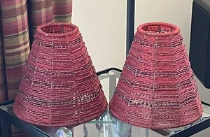 2 Red Beaded Glass Lamp Shades Clip On 6.75" Tall 7" Bottom 3" Top - Picture 1 of 7