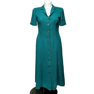 Vintage 90s Miss Dorby Green Knit Woven Button Front Shirt Career Midi Dress - Bild 1 von 9