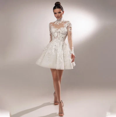 Popular High Neck Full Sleeves Lace Applique Short Wedding Dresses Custom Made - Image 1 of 4