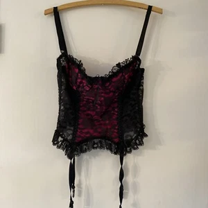 Vintage Fredericks of Hollywood Black Lace Pink Corset USA Size 36 - Picture 1 of 21