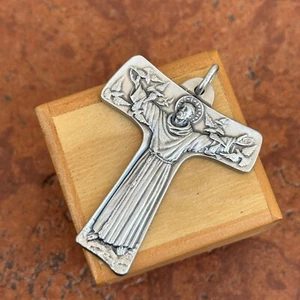 Sterling Silver Antiqued St Francis Cross Medal Engraved Pendant 53mm Large - Picture 1 of 6