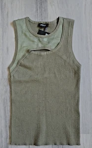 Women's DKNY Ribbed & Mesh Peek-A-Boo Tank Top Olive Green Size S - Picture 1 of 10