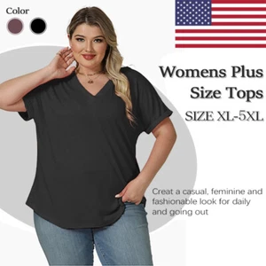 Plus Size Women's Tops Summer Casual V Neck T Shirts Loose Rolled Short Sleeve - Picture 1 of 13