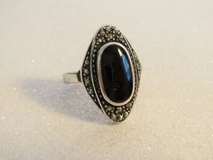 Art Deco Signed STERLING SILVER 925 BLACK ONYX & MARCASITE RING Size 5.75 - Picture 1 of 9