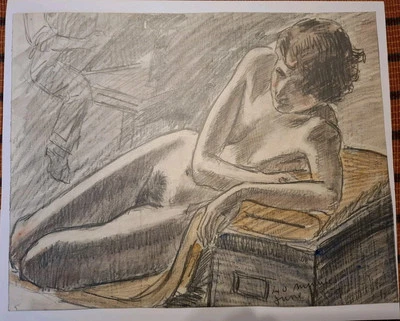 Vintage Midcentury - 1959 - Boceto de desnudo reclinable - Lápiz y acuarela  Foto 1 de 4