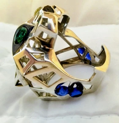 ANILLO KING ORO BLANCO 14K Y PLATA CON ZAFIROS AZULES, UN DIAMANTE AMARILLO... Foto 1 de 4