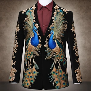 Regal Black Peacock Embroidered Jacket With Gold Floral Motifs And Tailored Fit - Picture 1 of 5