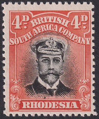 Rhodesia 1913 KGV Admiral 4d Black + Deep Orange-Red Die II p14 Mint SG225 c£26 - Image 1 of 2