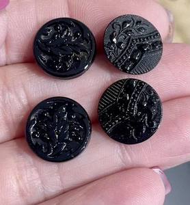 4 Vintage Antique 1/2” Black Glass Buttons Floral Leaves E12 - Picture 1 of 3