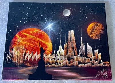 Art - Spray Paint Art Canvas Space Painting - NYC surrealist cityscape - Signed - Image 1 of 3