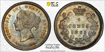 1891 Canada 5 Cents PCGS AU58 Lot#G1189 Silver! - Image 1 of 4