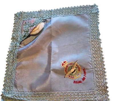 Vtg RAF (WW2?} Embroidered Art Silk Hankie Lace Border & Sheepskin Powder Puff - Image 1 of 4