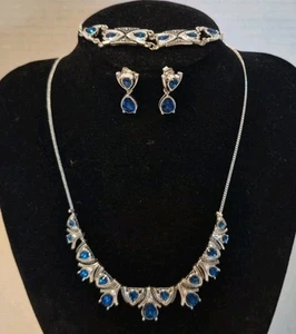 Ladies Necklace Earring Bracelet Set With Blue Rhinestones Metal Silver tone - Picture 1 of 6