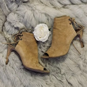 JOIE Women's Ankle Lace Up Tan Suede Peep Toe Mule Size 40 /9.5 US EUC WORN ONCE - Picture 1 of 11