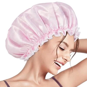 Waterproof Double Layers Shower Cap for Women Reusable Hair Bath Cap Hair Bonnet - Picture 1 of 9