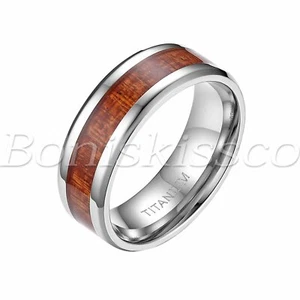 8mm Men's Luxury Polished Titanium Ring Wood Inlaid Engagement Wedding Band Gift - Picture 1 of 8