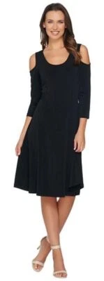 Susan Graver Size 2X Black Liquid Knit 3/4 Sleeve Cold Shoulder Dress - Image 1 of 4