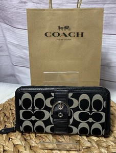 Coach Signature Black Khaki Canvas Leather Zip Buckle Accordion Long Wallet - Picture 1 of 24