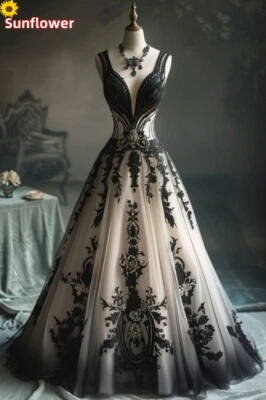 Gothic Champagne and Black Wedding Dresses V Neck Sleeveless A-Line Bridal Gowns - Image 1 of 4
