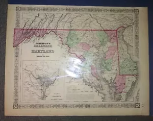 1866 Delaware Maryland Mason Dixie Line Color Map Johnson's - Picture 1 of 15