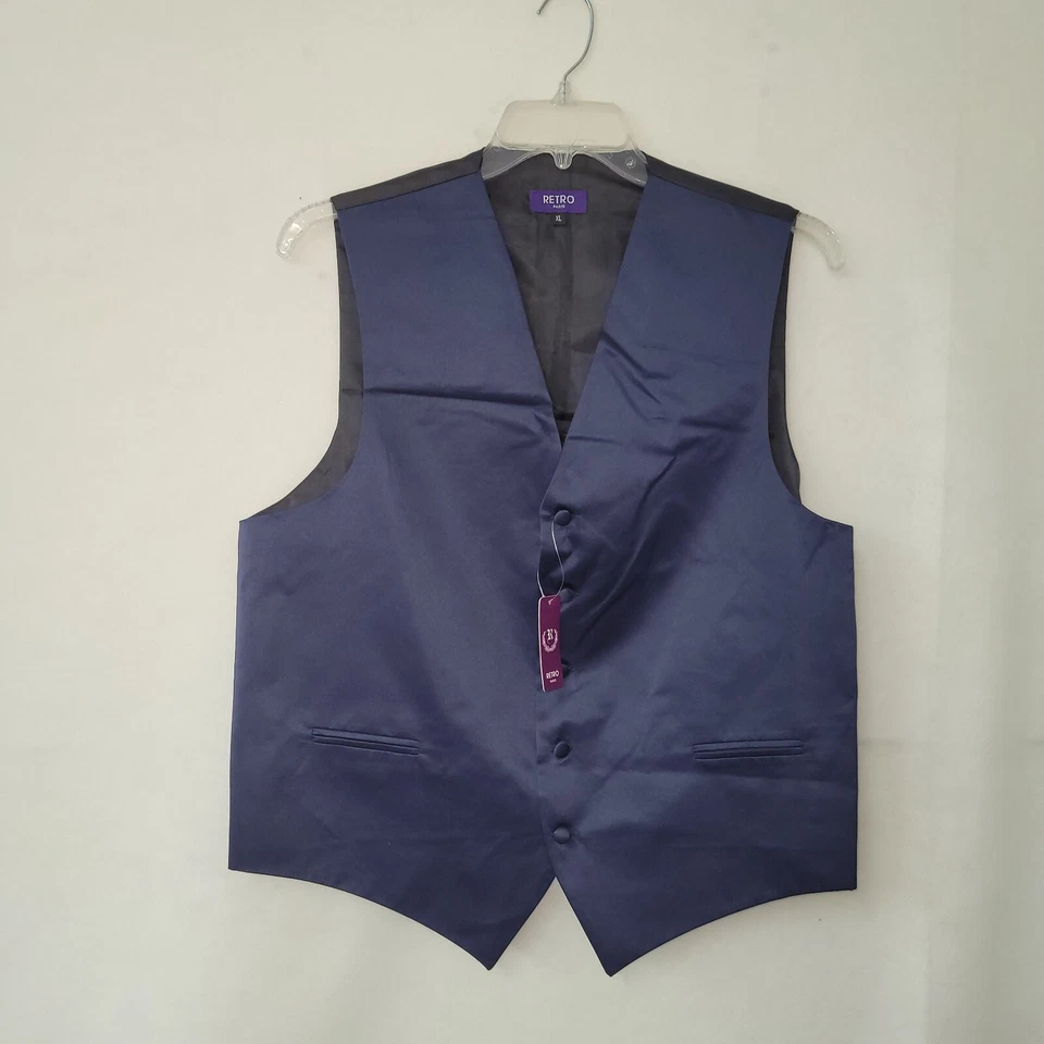 Retro Paris Vest Mens XL Navy Satin 5-Button Formal Attire Vest Style V-17 New - Image 1 of 4