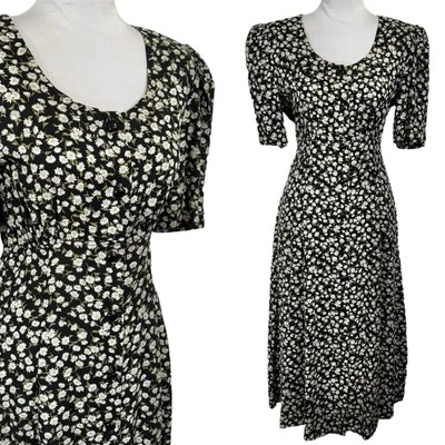 Vintage 90s Daisy Floral Midi Dress 8 P Black Puff Sleeve Yoke Waist Tea Grunge - Image 1 of 4