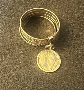 10k Tricolor Gold Diamond Cut 7 Day Day Rings Semanario W/ Gold Coin Dangle SZ 5 - Picture 1 of 6