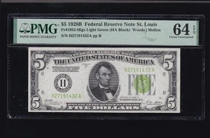 US 1928B $5 FRN St Louis Light Green Seal Note FR 1952-H PMG 64 V Ch CU (432) - Picture 1 of 2