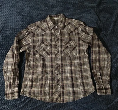 Camisa Salt Valley Western Para Hombre Mediana Marrón Beige Cuadros Perla A Presión Manga Larga Foto 1 de 4