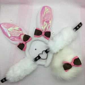Maßgeschneidert Weiß Rosa Hase Kaninchen Set BDSM DDLG PetPlay Ohren Halsband Schwanz - Bild 1 von 1