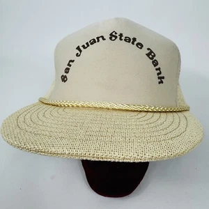 Sombrero de camionero vintage San Juan Bank Snapback blanco roto tejido cuerda billete plano - Imagen 1 de 13