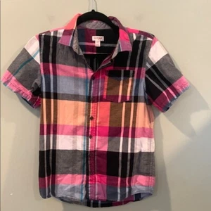 Cat & Jack Pink Black Plaid Short Sleeve Button Down Shirt Boys Large 12/14 - Picture 1 of 5